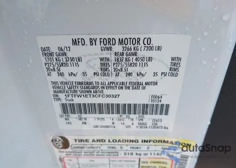 2012 Ford F-150 Lariat z USA, uszkodzony, nr VIN 1FTFW1ET3CFC30327